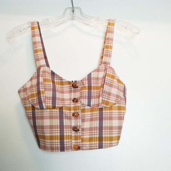 Blush Plaid Decorative Button Up Side Zip ShirredBack Sweetheart Crop Top SzS - Picture 1 of 8